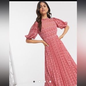 ASOS Design high neck pleated chevron dobby middy dress with puff sleeve in pink